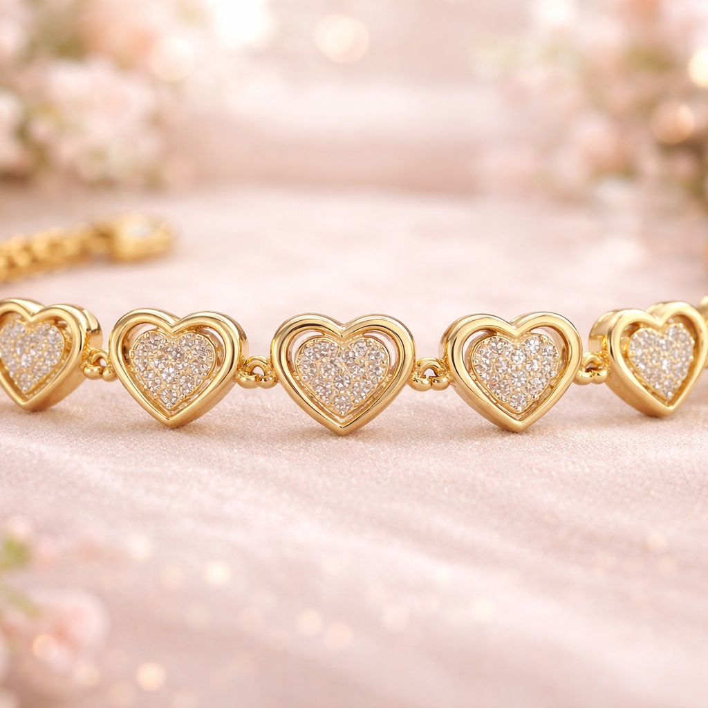 Luxury Pav Heart Bracelet Romantic Gold Heart Link Bracelet | 14k Gold Plated